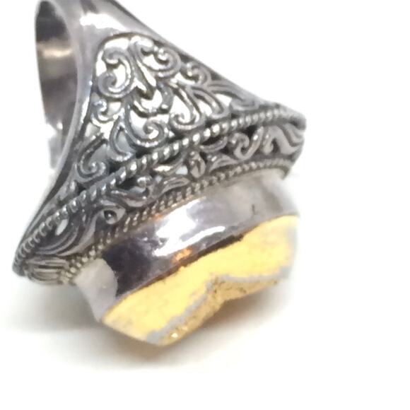 🌹 Vintage Heavy Gold Druzy Stone 925 Sterling Silver Chunky Oxidized Ring - Picture 8 of 11